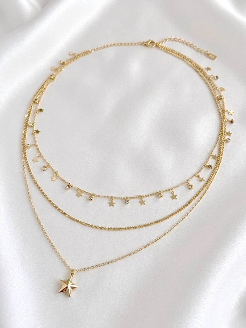 14K Gold Plated Layered Star Charm Necklace Set | Triple Strand Chain Jewelry - Picture 4 of 8